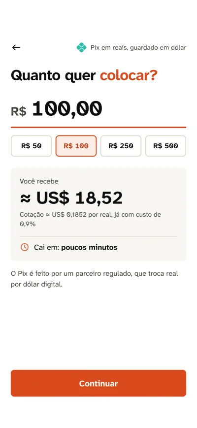 Tela Quanto quer colocar: R$ 100 viram cerca de US$ 18,52