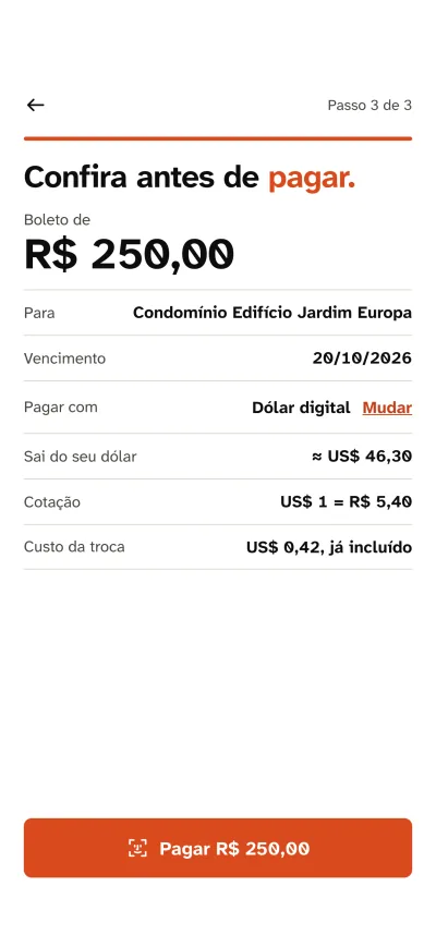 Tela Confira antes de pagar: boleto de R$ 250 pago com dólar digital