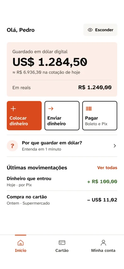 Tela inicial do app Ashar: saldo guardado em dólar e saldo em reais