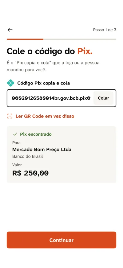 Tela Cole o código do Pix: Pix copia e cola encontrado