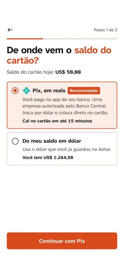Tela De onde vem o saldo do cartão: Pix ou saldo em dólar