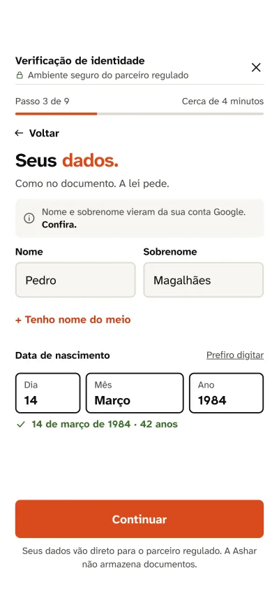 Tela Seus dados: nome e data de nascimento escolhida por toque